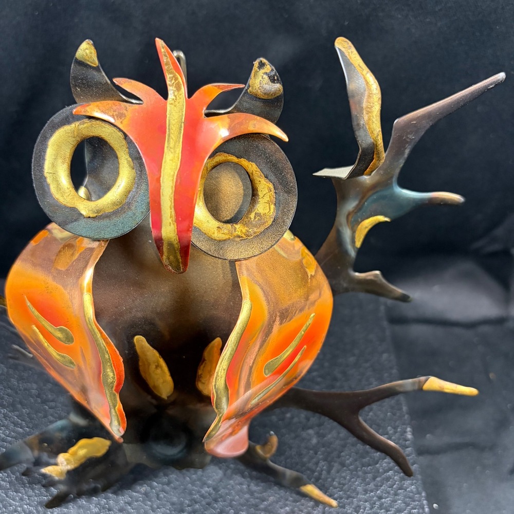 Vintage Brutalist Owl Sculpture Metal Enamel Mid Century Modern Art 6" - Picture 9 of 12